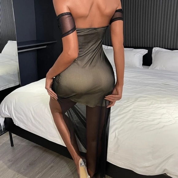 Black & Nude Off Shoulder Split Thigh Mesh Dress - Picture 3 of 13